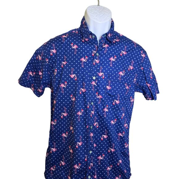 Drill Clothing Co Mens Flamingo Holiday Shirt M Snowflakes Blue Stretch‎ Santa - Picture 3 of 8